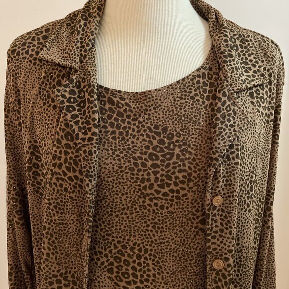 JM Collection Ladies 2 Piece Tank & Shirt Set Size Large Leopard Stretch Sparkle - Picture 2 of 12